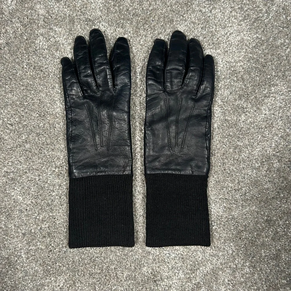 Fownes Black Genuine Leather Gloves with Ribbed Knit Cuffs Size 7.5